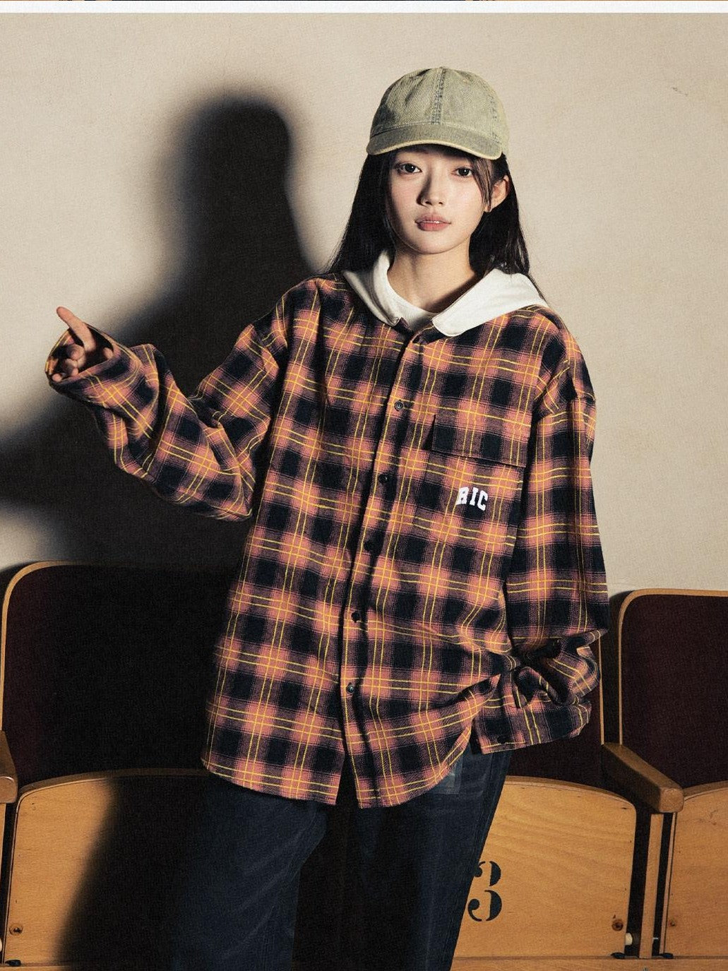 RickyisClown American Retro Embroidered Plaid Hooded Open Front Shirt Men's Cardigans