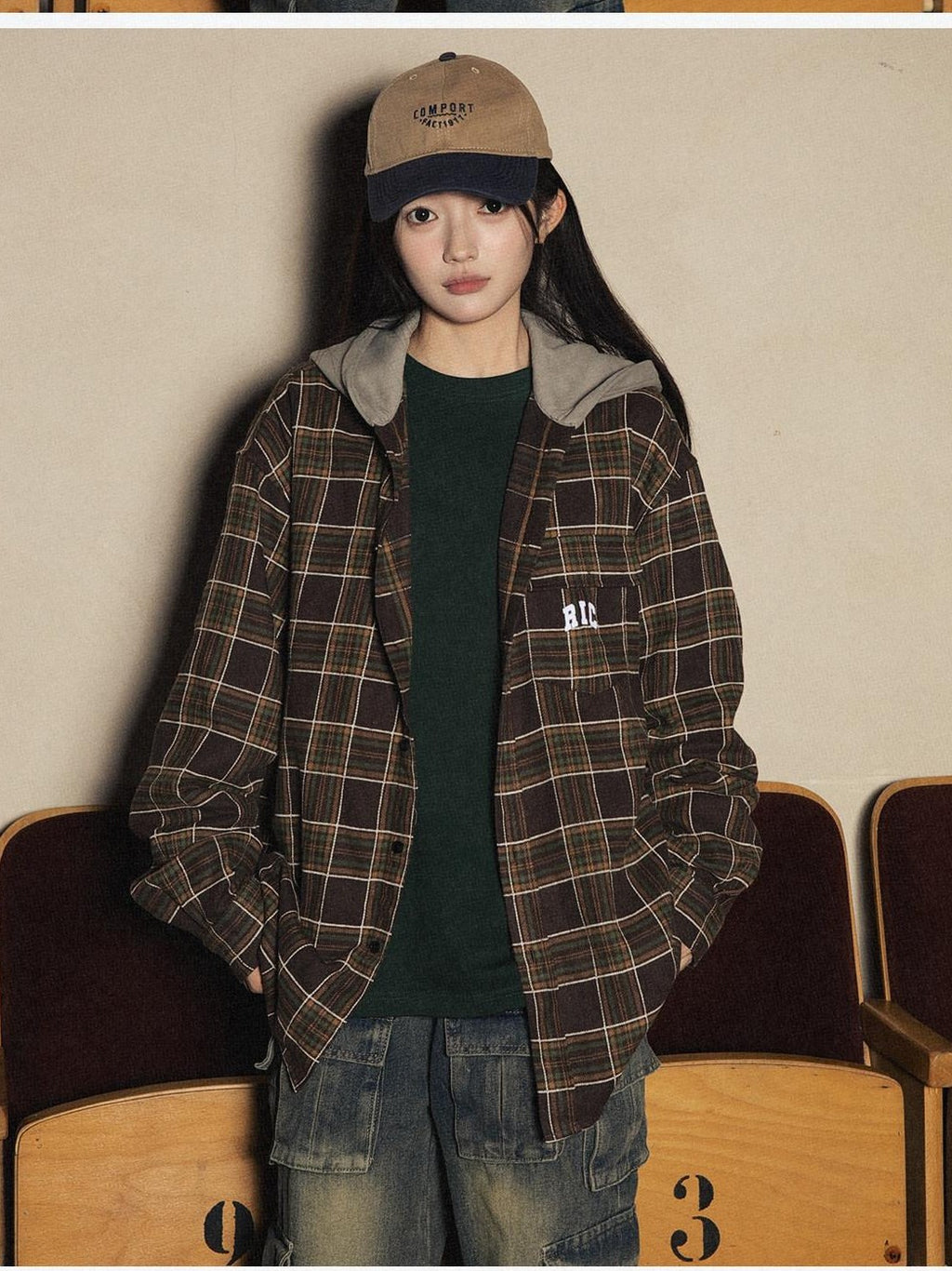 RickyisClown American Retro Embroidered Plaid Hooded Open Front Shirt Men's Cardigans