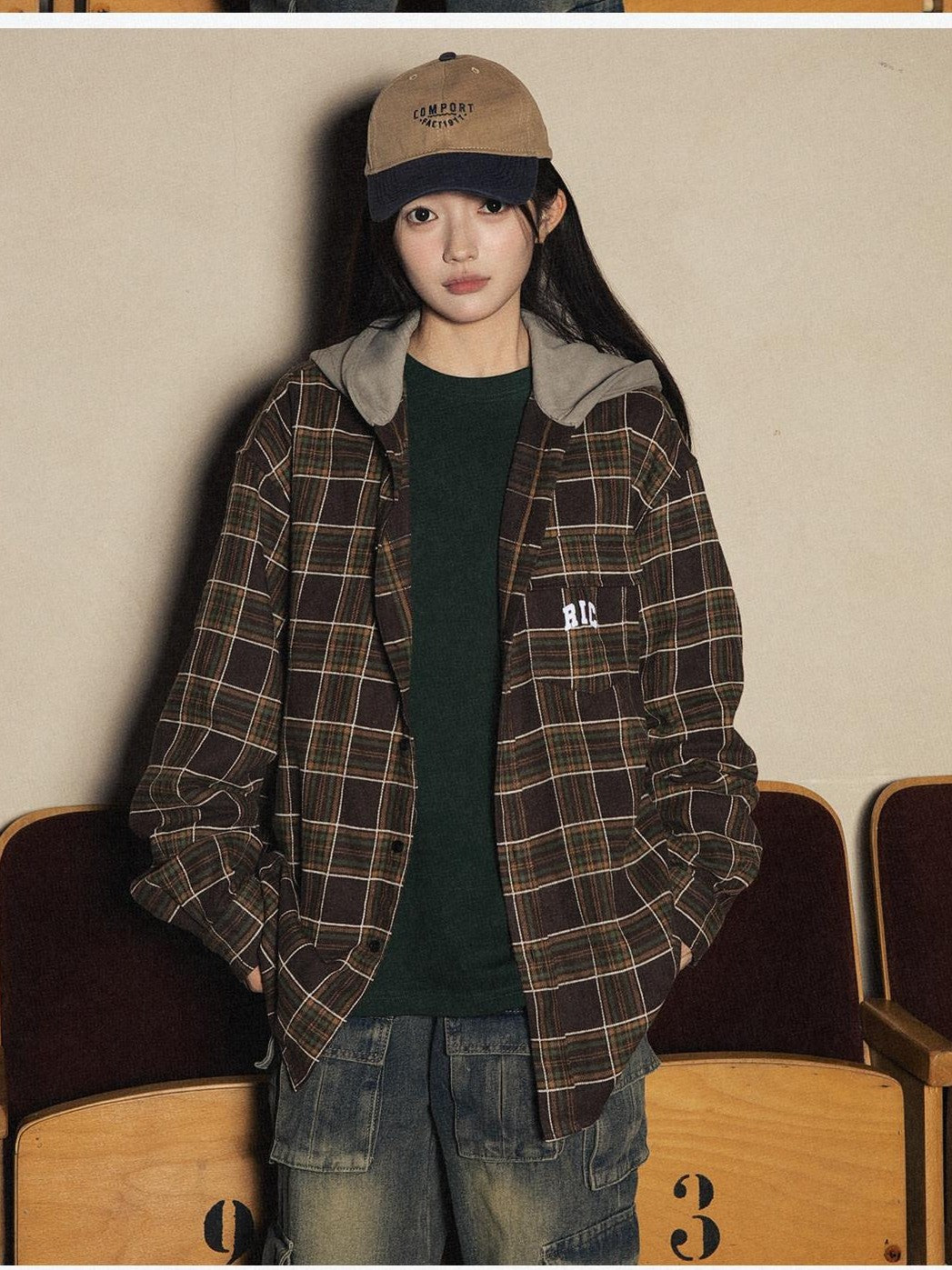 RickyisClown American Retro Embroidered Plaid Hooded Open Front Shirt Men's Cardigans