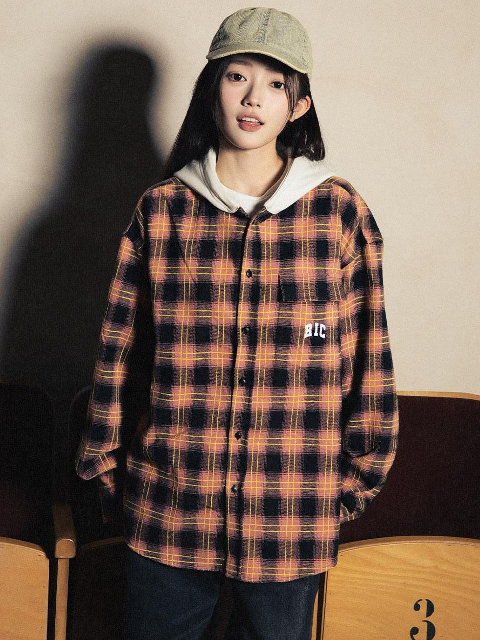 RickyisClown American Retro Embroidered Plaid Hooded Open Front Shirt Men's Cardigans