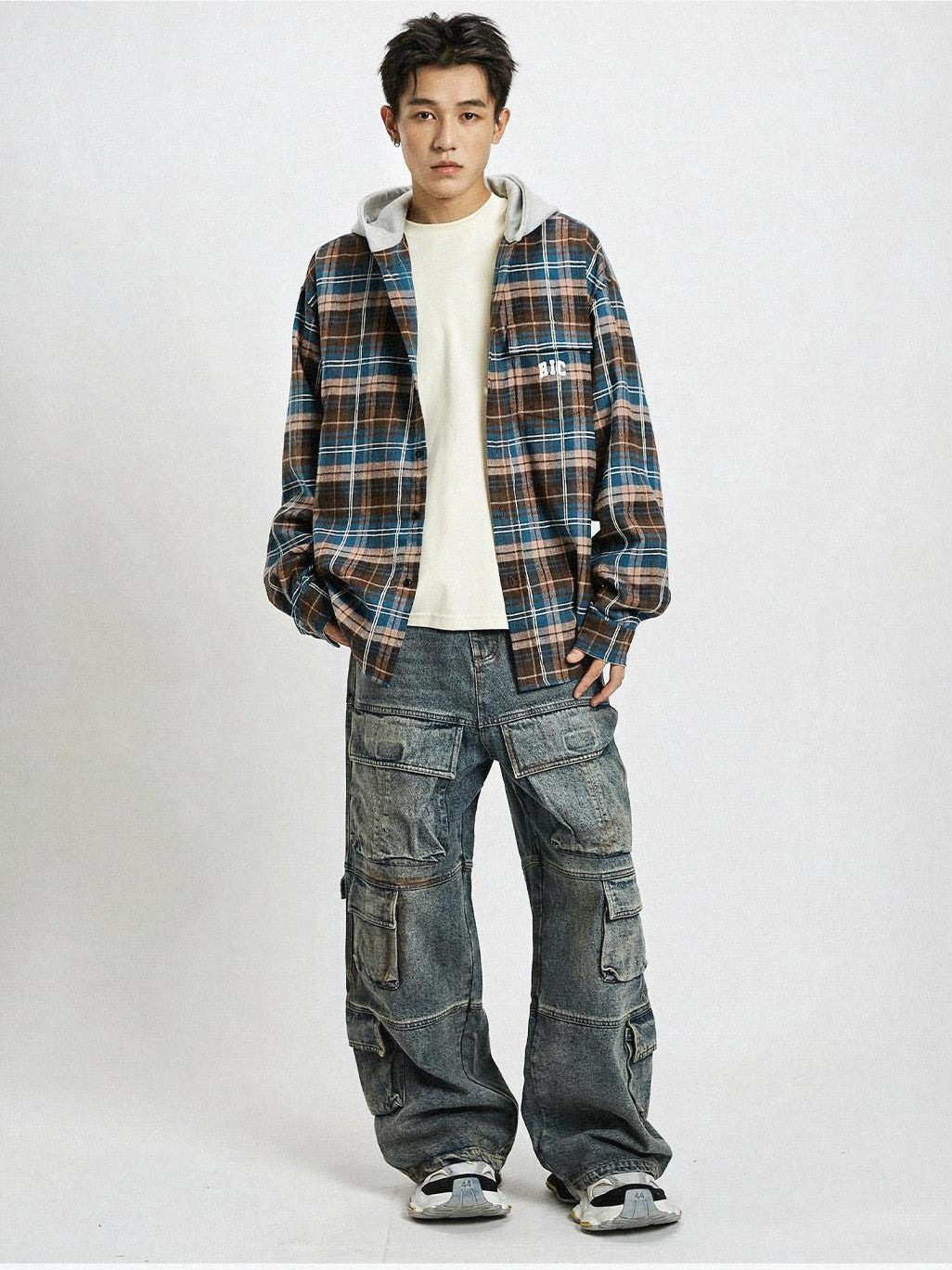 RickyisClown American Retro Embroidered Plaid Hooded Open Front Shirt Men's Cardigans