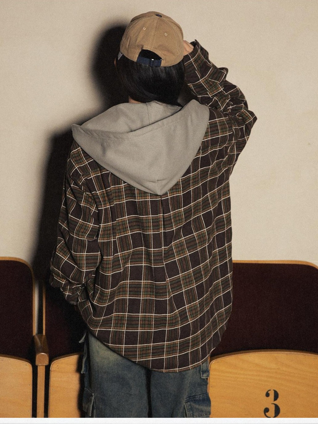 RickyisClown American Retro Embroidered Plaid Hooded Open Front Shirt Men's Cardigans