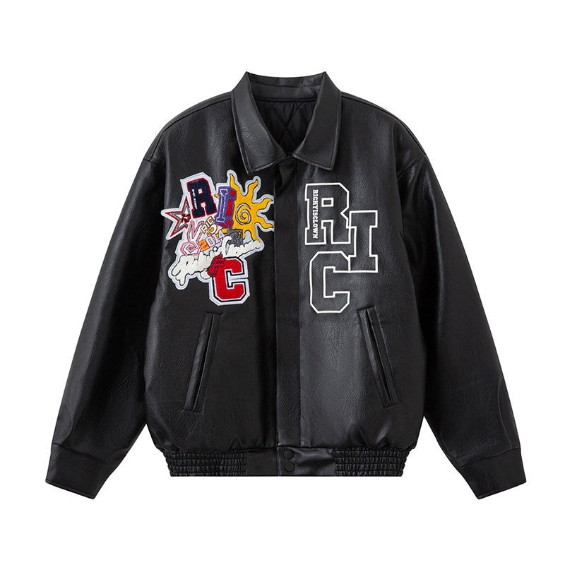RickyisClown_Black_Applique_Ribbed_Hem_Snap_Button_Men's_Polyester_Leather_Jackets_MISSTT