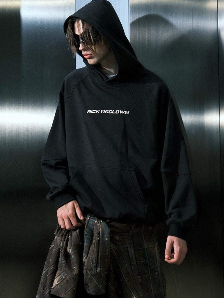 RickyisClown Black Casual Loose Raglan Hooded Basic Printed Men's Pullover Hoodies