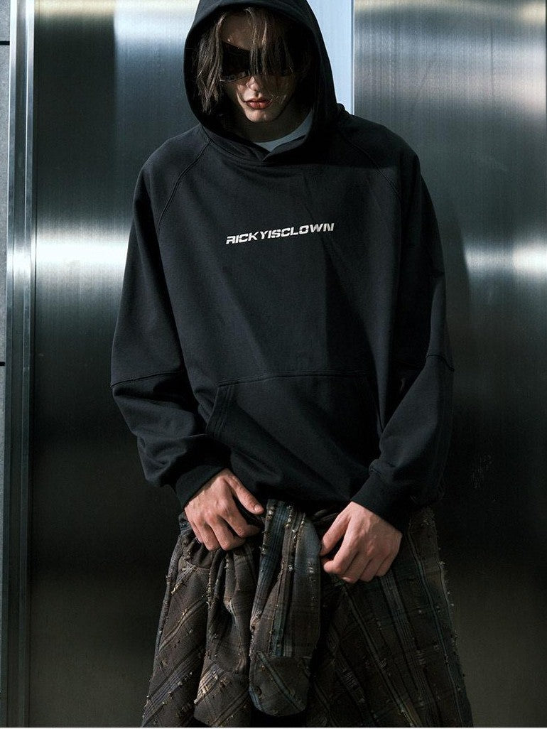 RickyisClown Black Casual Loose Raglan Hooded Basic Printed Men's Pullover Hoodies