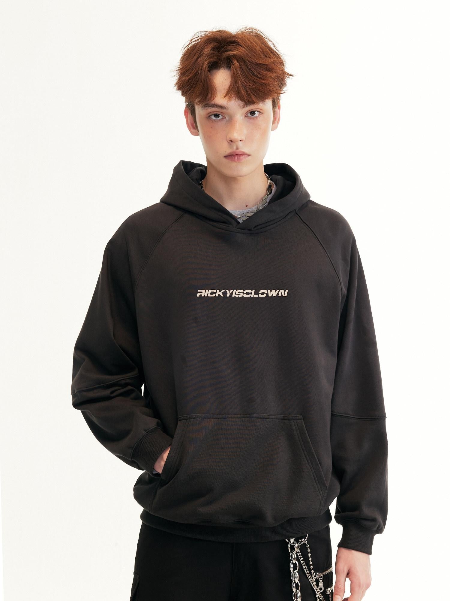RickyisClown Black Casual Loose Raglan Hooded Basic Printed Men's Pullover Hoodies