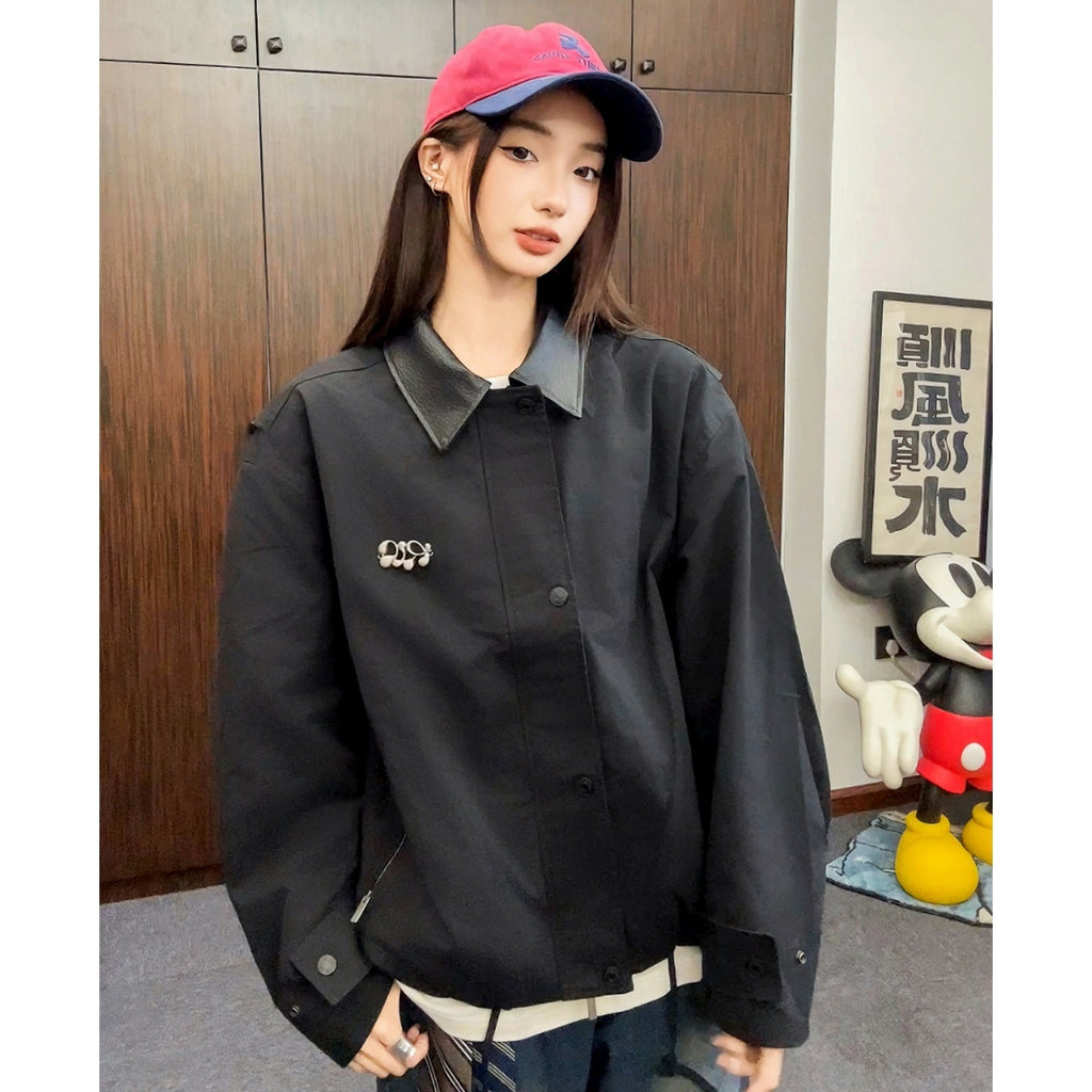 RickyisClown_Black_Leather_Panel_Metal_Badge_Turn_Down_Collar_Men's_Cotton_Varsity_Jackets_MISSTT
