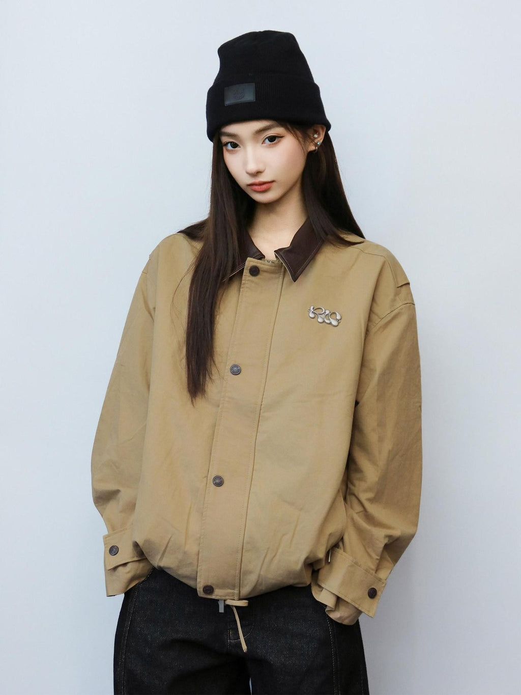 RickyisClown Black Leather Panel Metal Badge Turn Down Collar Men's Cotton Varsity Jackets