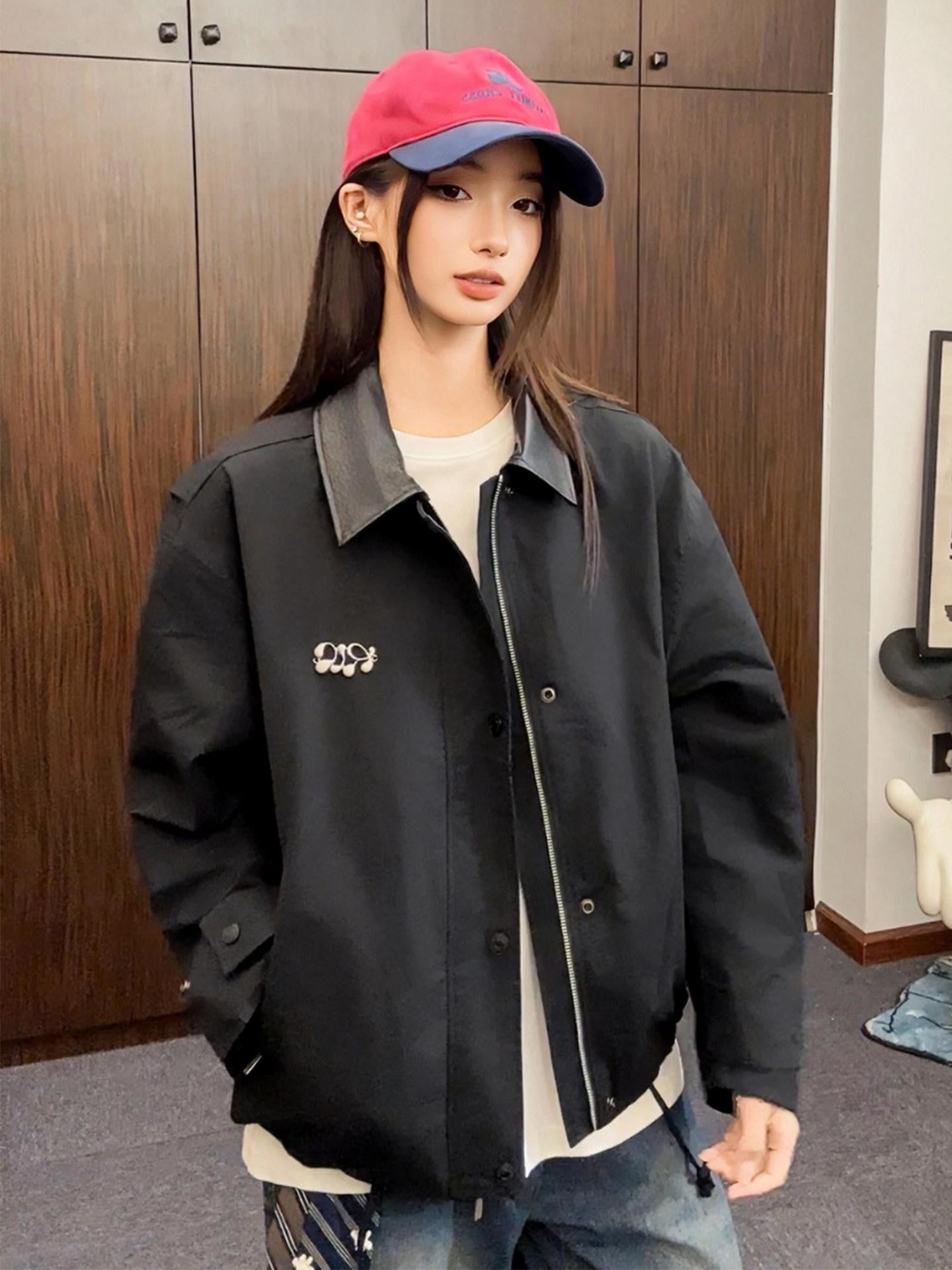 RickyisClown Black Leather Panel Metal Badge Turn Down Collar Men's Cotton Varsity Jackets