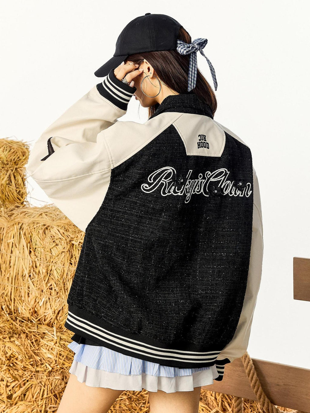 RickyisClown Black Patchwork Letter Print Rib Hem Men's Polyester Baseball Jerseys