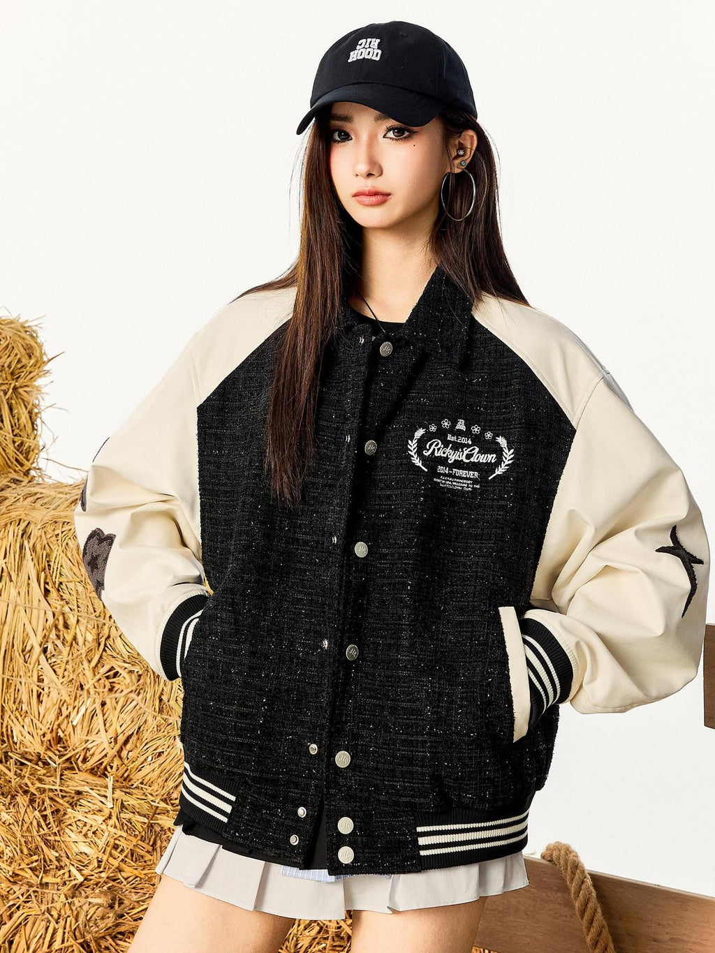 RickyisClown Black Patchwork Letter Print Rib Hem Men's Polyester Baseball Jerseys