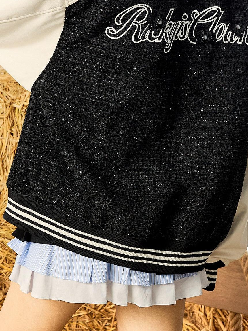RickyisClown Black Patchwork Letter Print Rib Hem Men's Polyester Baseball Jerseys