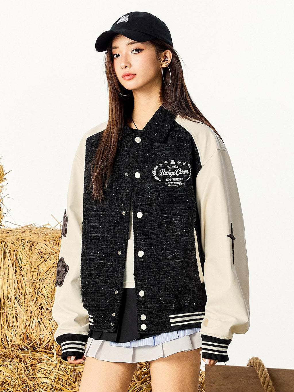 RickyisClown Black Patchwork Letter Print Rib Hem Men's Polyester Baseball Jerseys