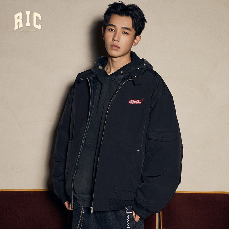RickyisClown_Black_Rubberized_Print_Stand_Collar_Men's_Polyester_Puffer_Jackets_MISSTT