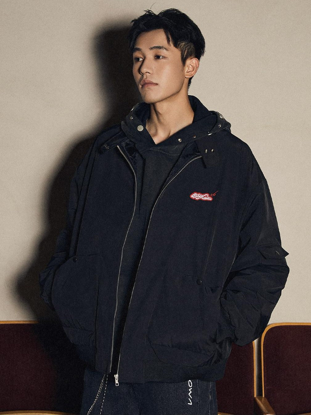 RickyisClown Black Rubberized Print Stand Collar Men's Polyester Puffer Jackets