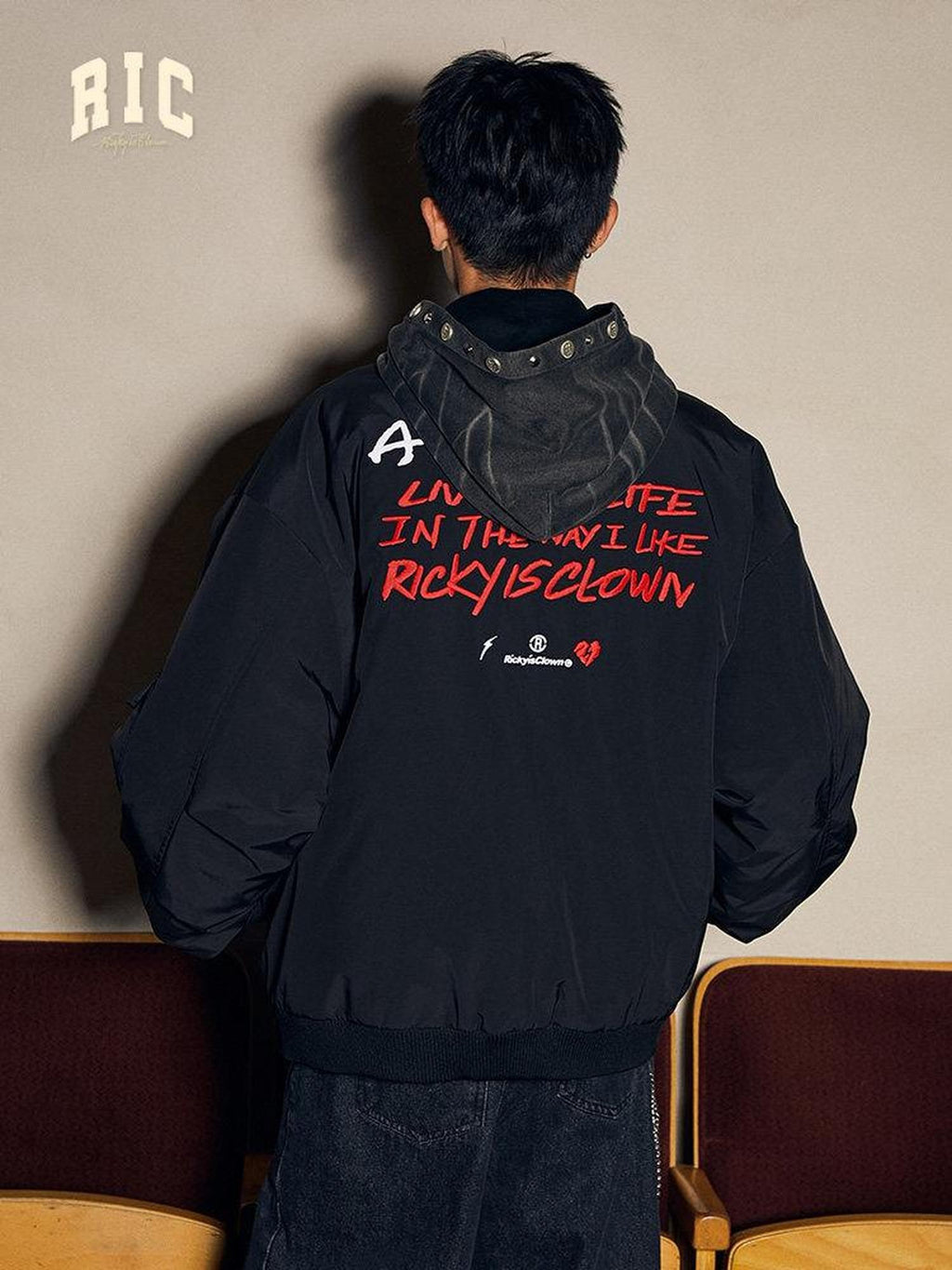 RickyisClown Black Rubberized Print Stand Collar Men's Polyester Puffer Jackets