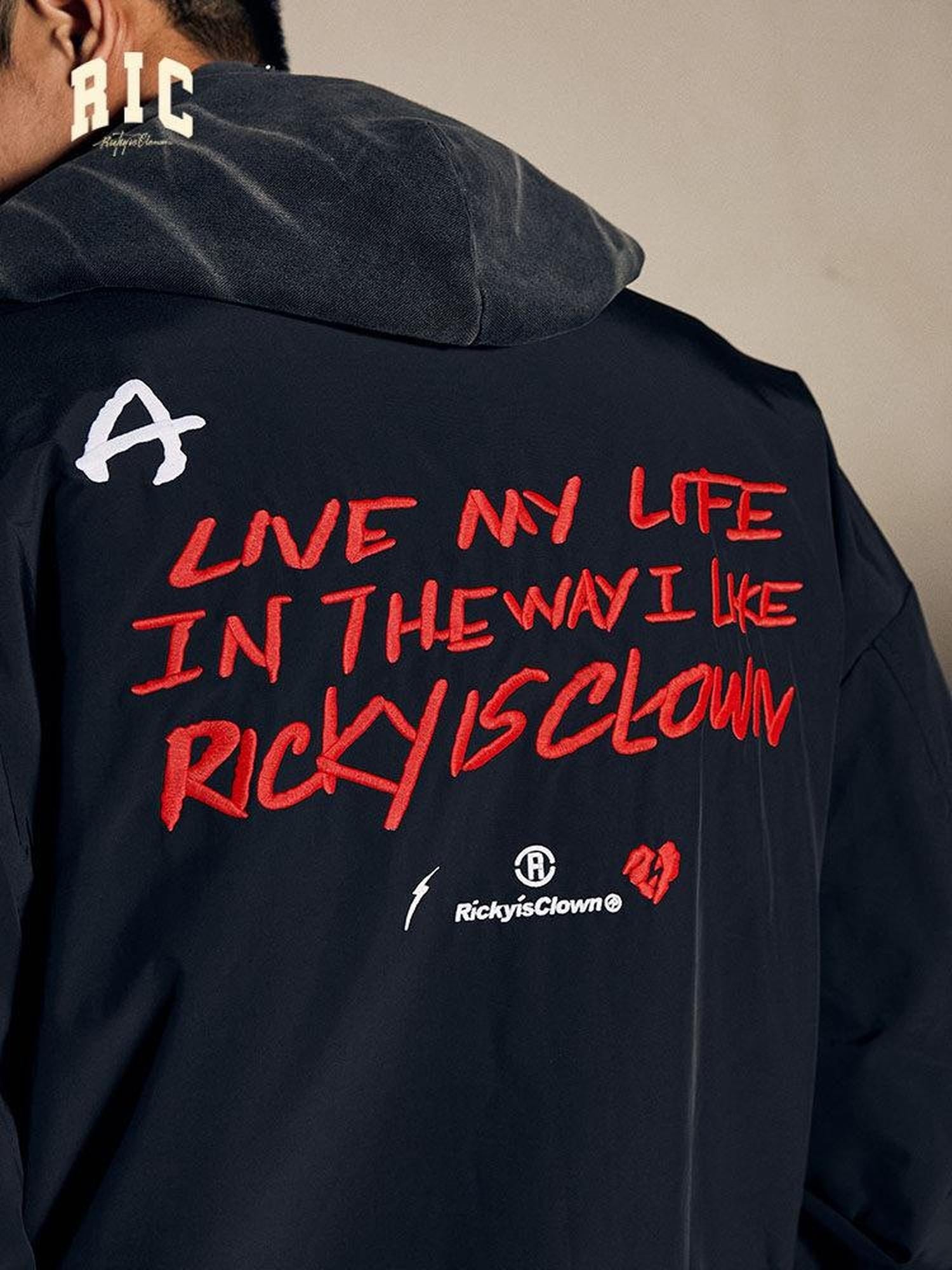 RickyisClown Black Rubberized Print Stand Collar Men's Polyester Puffer Jackets