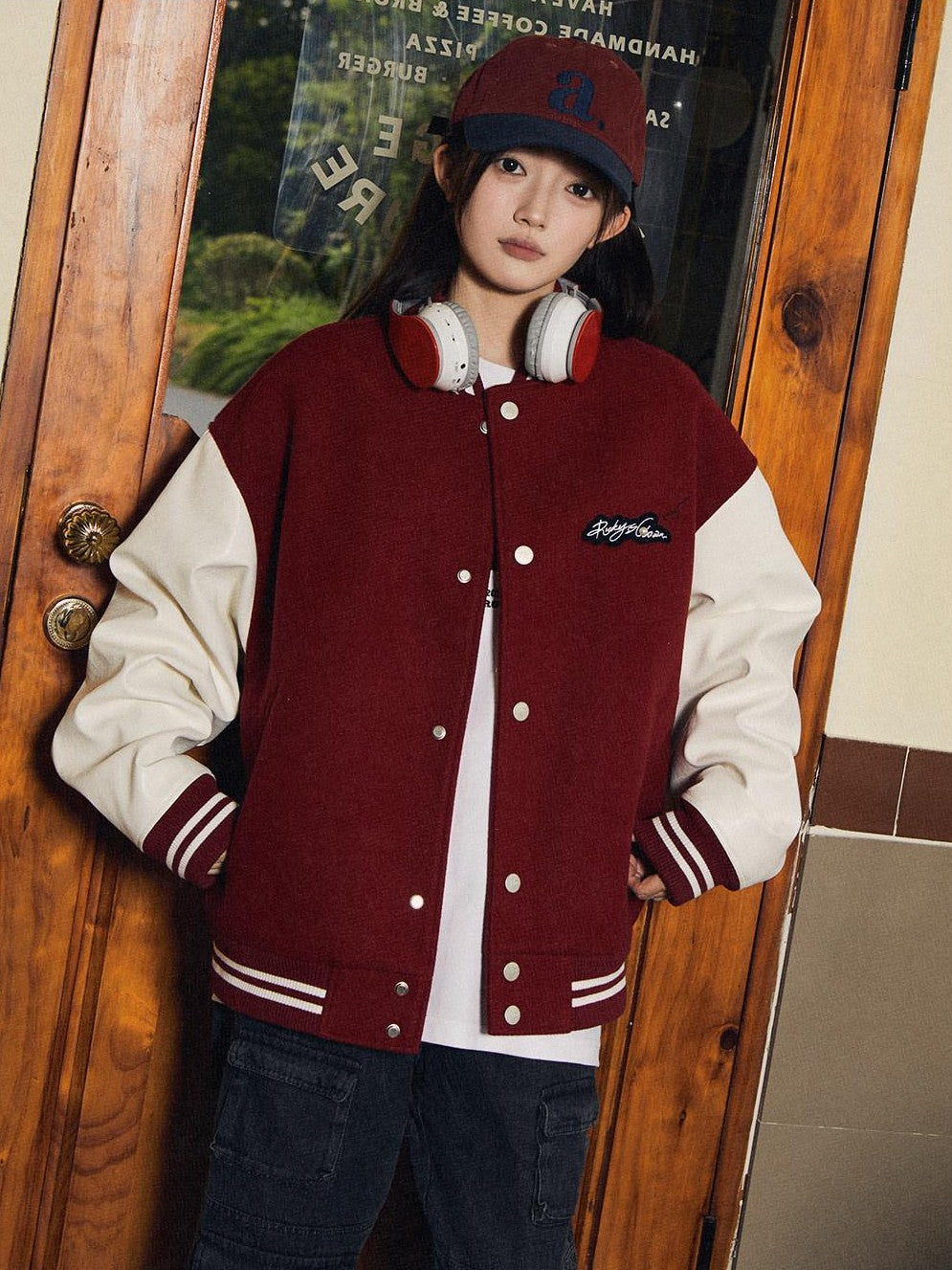 RickyisClown Black Vinyl Pearl Detail Baseball Collar Men's Polyester Varsity Jackets