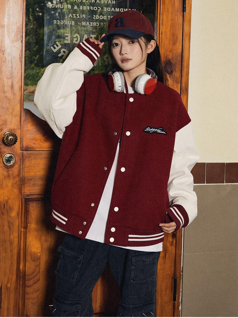 RickyisClown Black Vinyl Pearl Detail Baseball Collar Men's Polyester Varsity Jackets