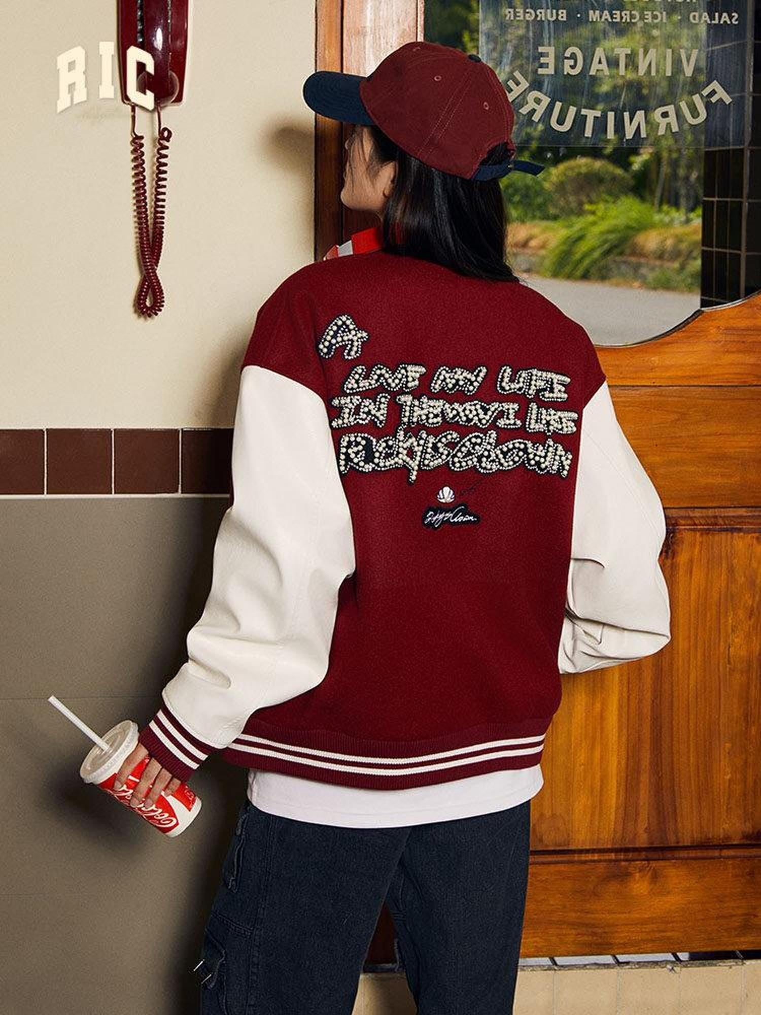 RickyisClown Black Vinyl Pearl Detail Baseball Collar Men's Polyester Varsity Jackets