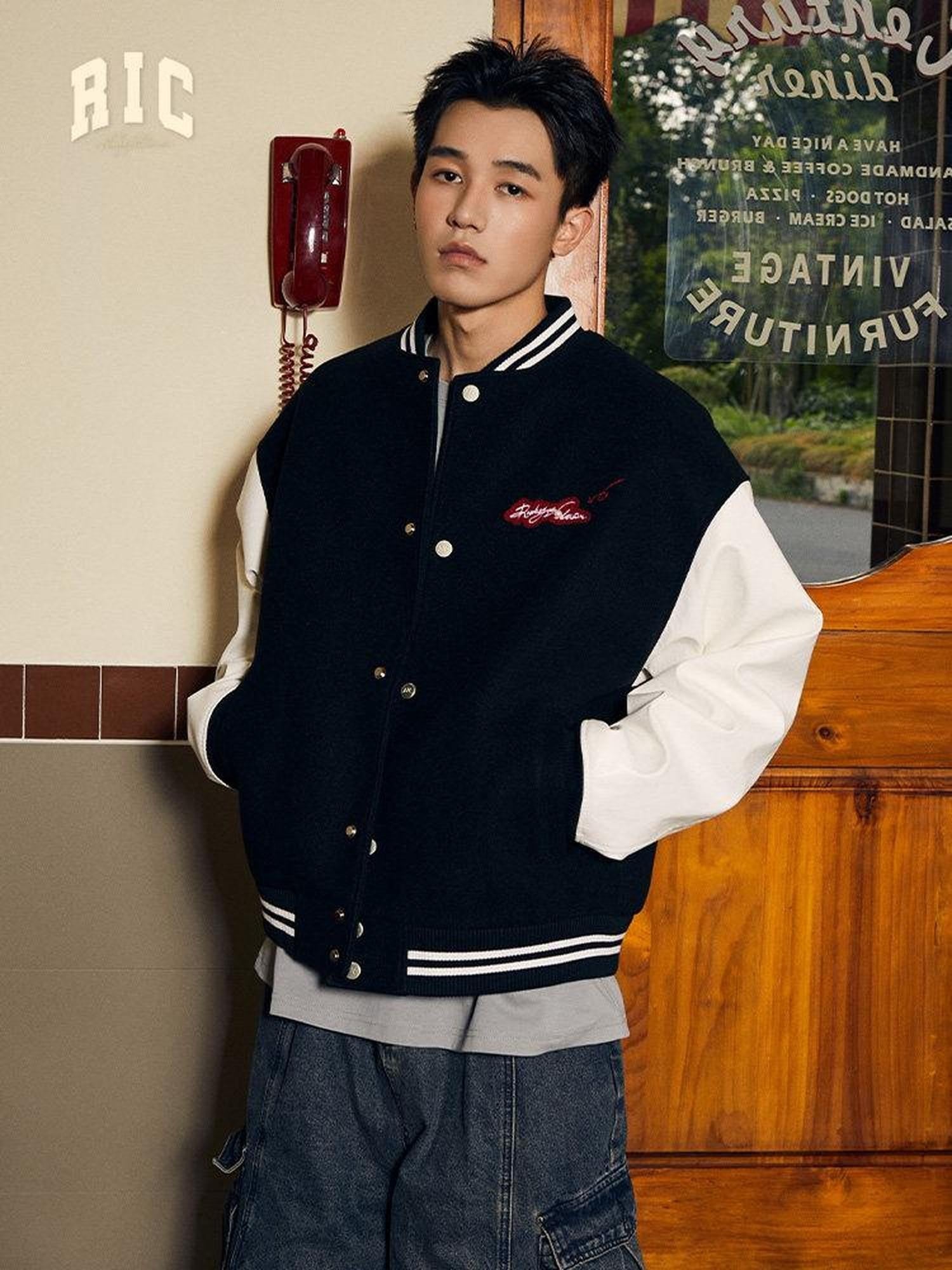 RickyisClown Black Vinyl Pearl Detail Baseball Collar Men's Polyester Varsity Jackets