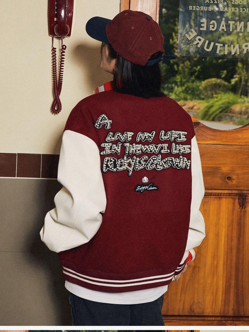 RickyisClown Black Vinyl Pearl Detail Baseball Collar Men's Polyester Varsity Jackets