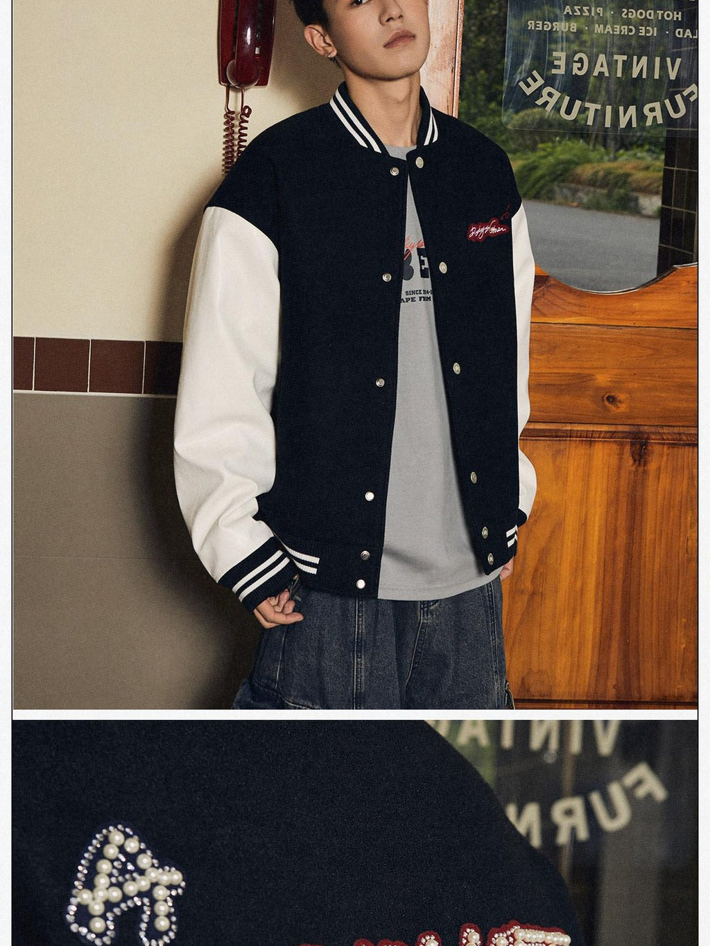 RickyisClown Black Vinyl Pearl Detail Baseball Collar Men's Polyester Varsity Jackets