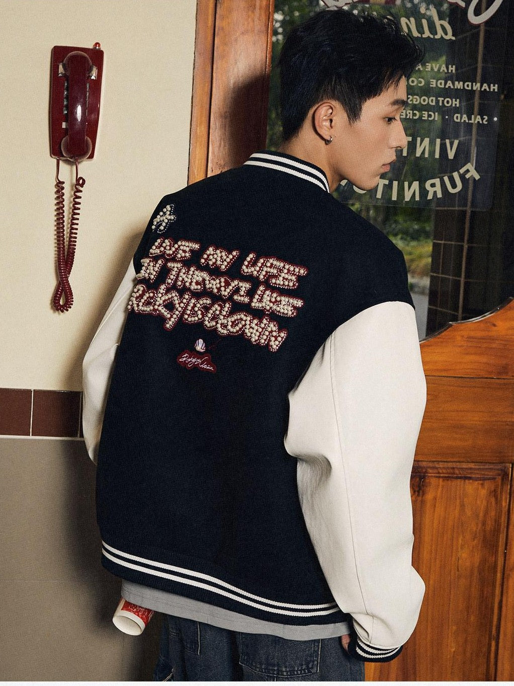 RickyisClown Black Vinyl Pearl Detail Baseball Collar Men's Polyester Varsity Jackets