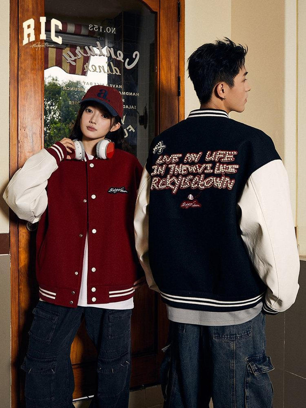 RickyisClown Black Vinyl Pearl Detail Baseball Collar Men's Polyester Varsity Jackets
