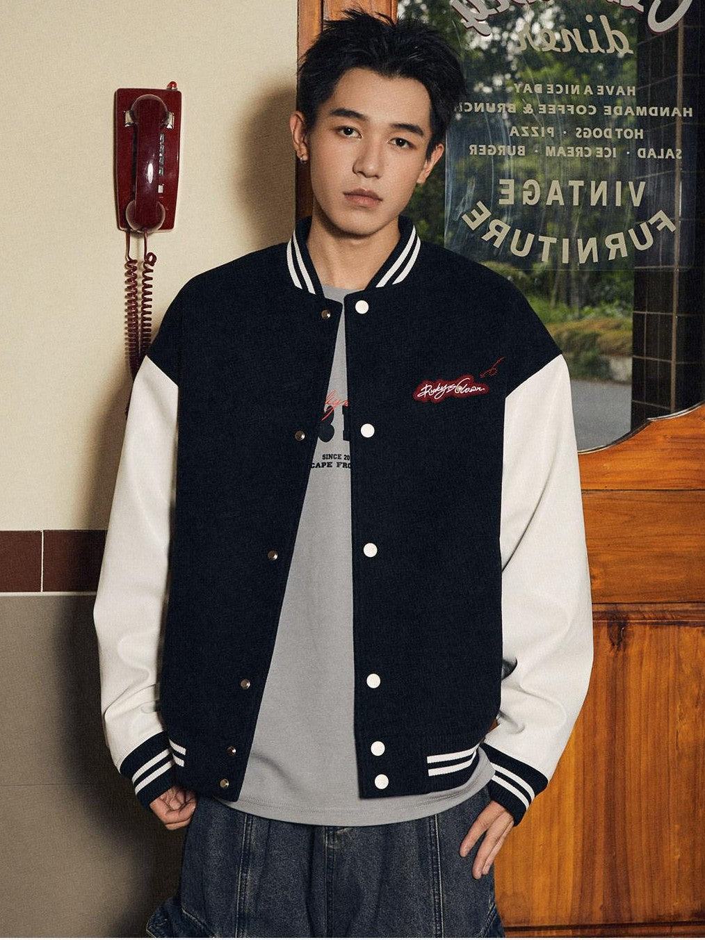 RickyisClown Black Vinyl Pearl Detail Baseball Collar Men's Polyester Varsity Jackets