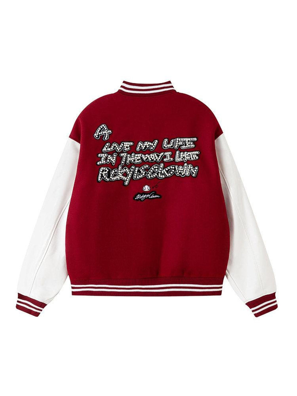 RickyisClown Black Vinyl Pearl Detail Baseball Collar Men's Polyester Varsity Jackets