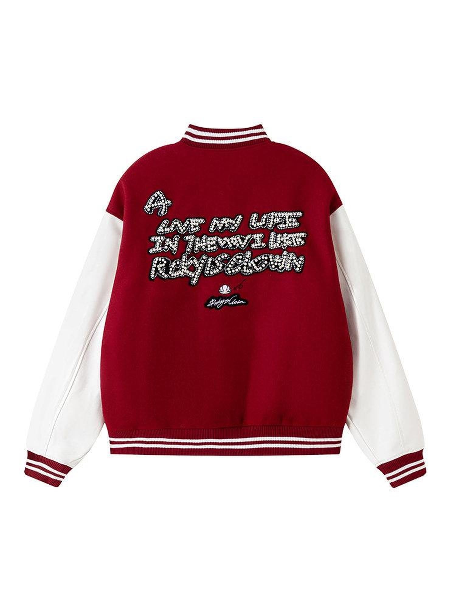 RickyisClown Black Vinyl Pearl Detail Baseball Collar Men's Polyester Varsity Jackets