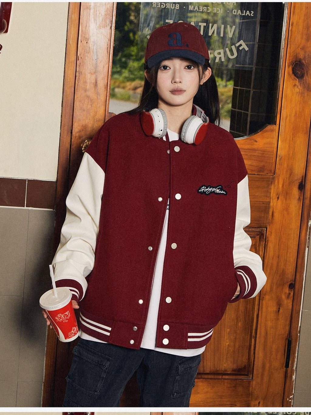 RickyisClown Black Vinyl Pearl Detail Baseball Collar Men's Polyester Varsity Jackets