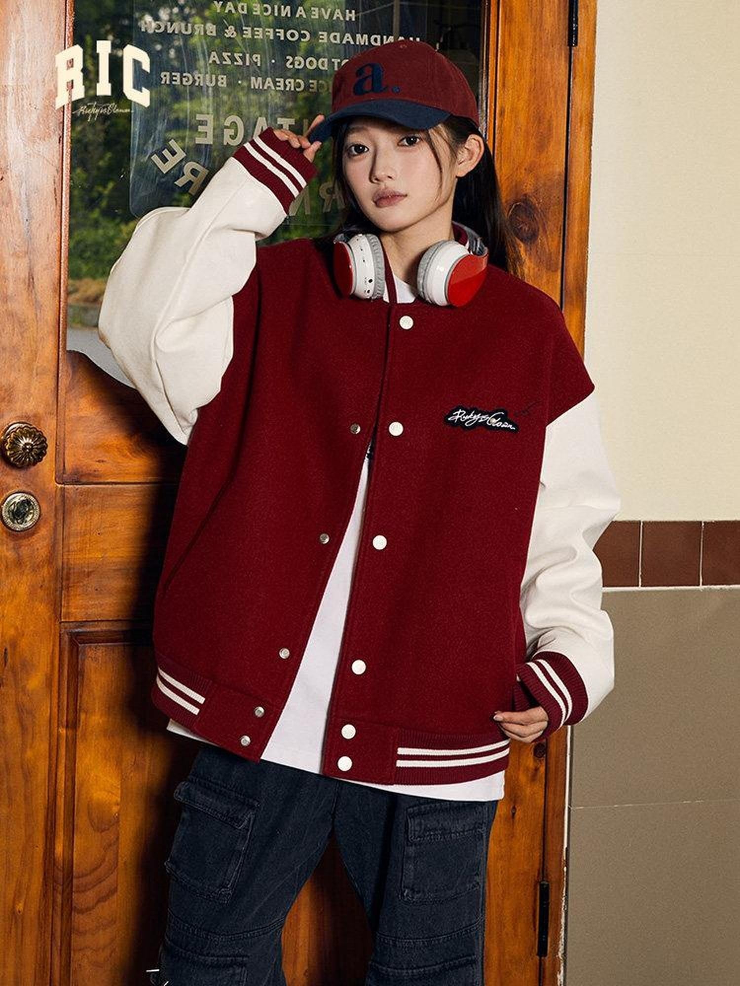 RickyisClown Black Vinyl Pearl Detail Baseball Collar Men's Polyester Varsity Jackets