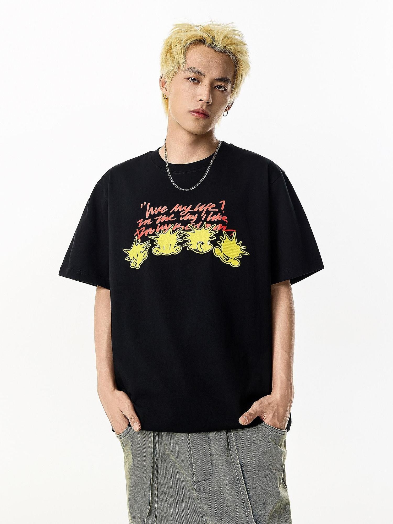 RickyisClown Black Vinyl Pineapple Cartoon Print Cooling Men's Cotton Short Sleeve T-shirts