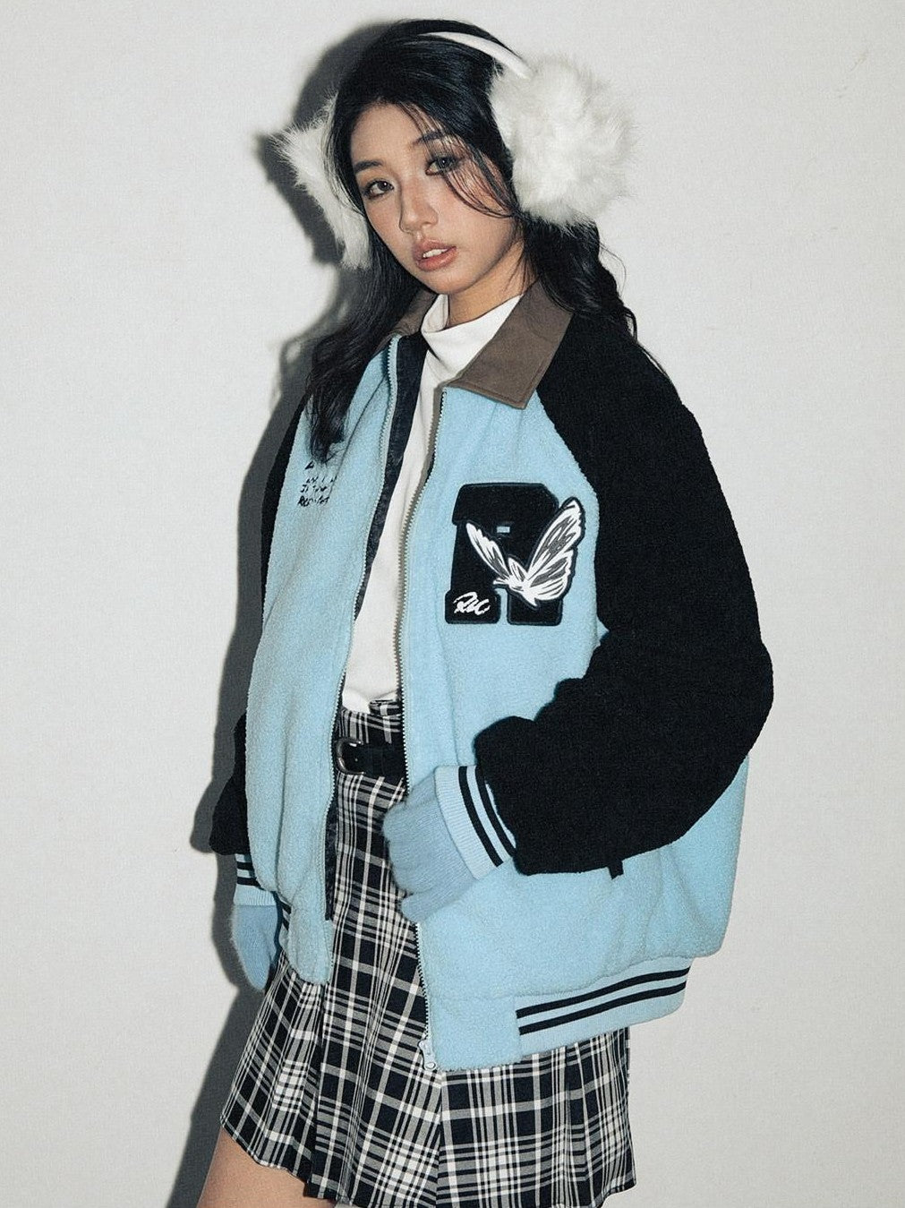 RickyisClown Blue Colorblock Shearling Lapel Relaxed Fit Men's Polyester Baseball Jerseys
