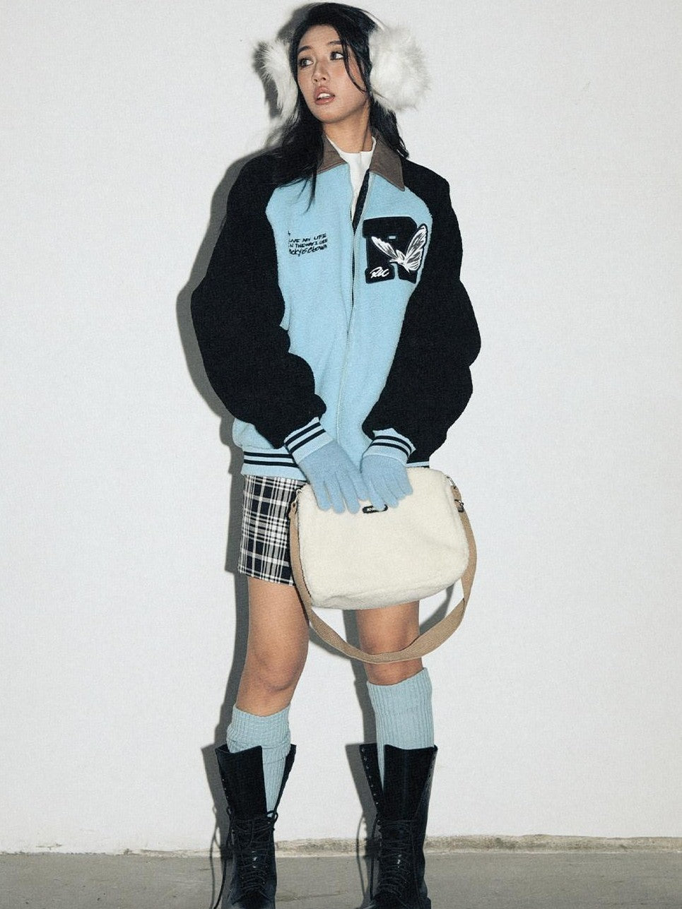 RickyisClown Blue Colorblock Shearling Lapel Relaxed Fit Men's Polyester Baseball Jerseys
