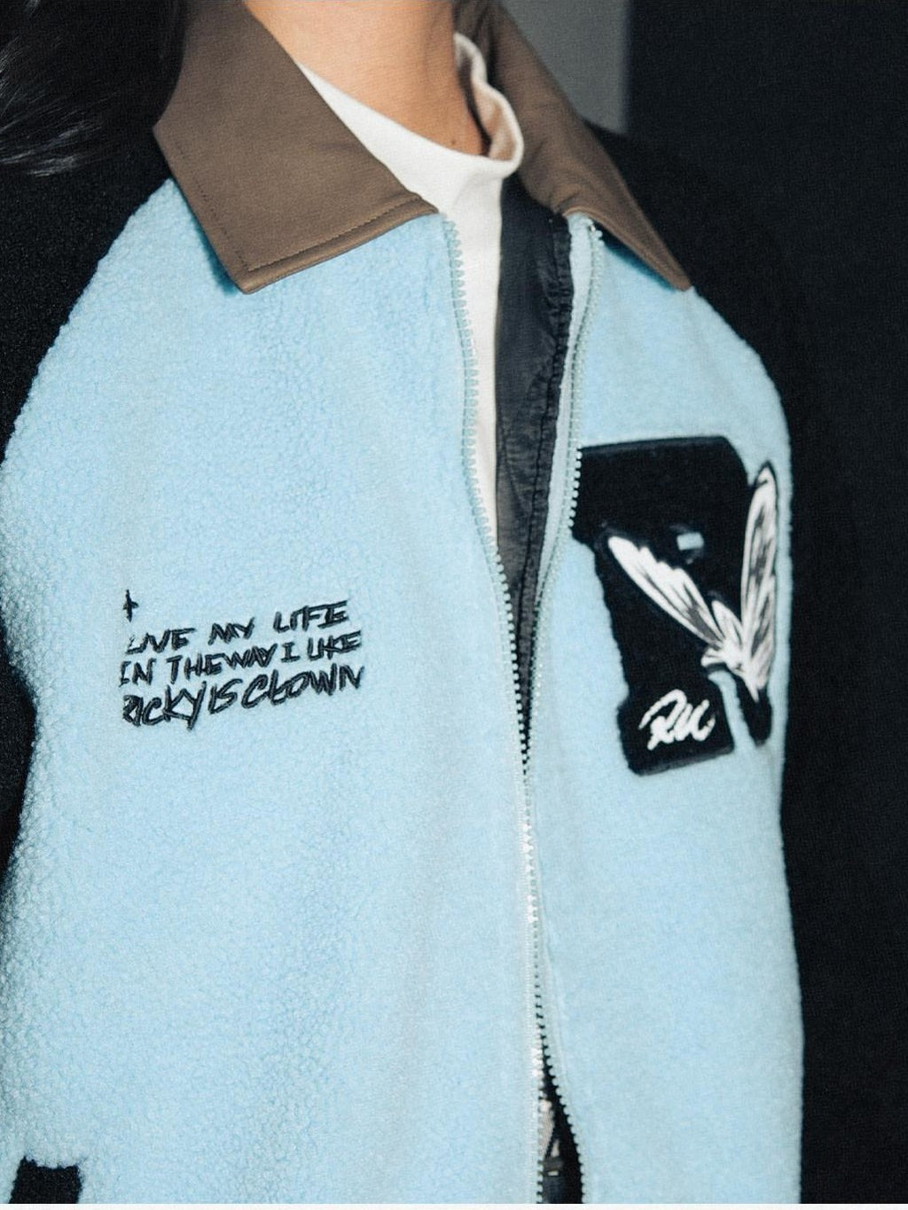 RickyisClown Blue Colorblock Shearling Lapel Relaxed Fit Men's Polyester Baseball Jerseys
