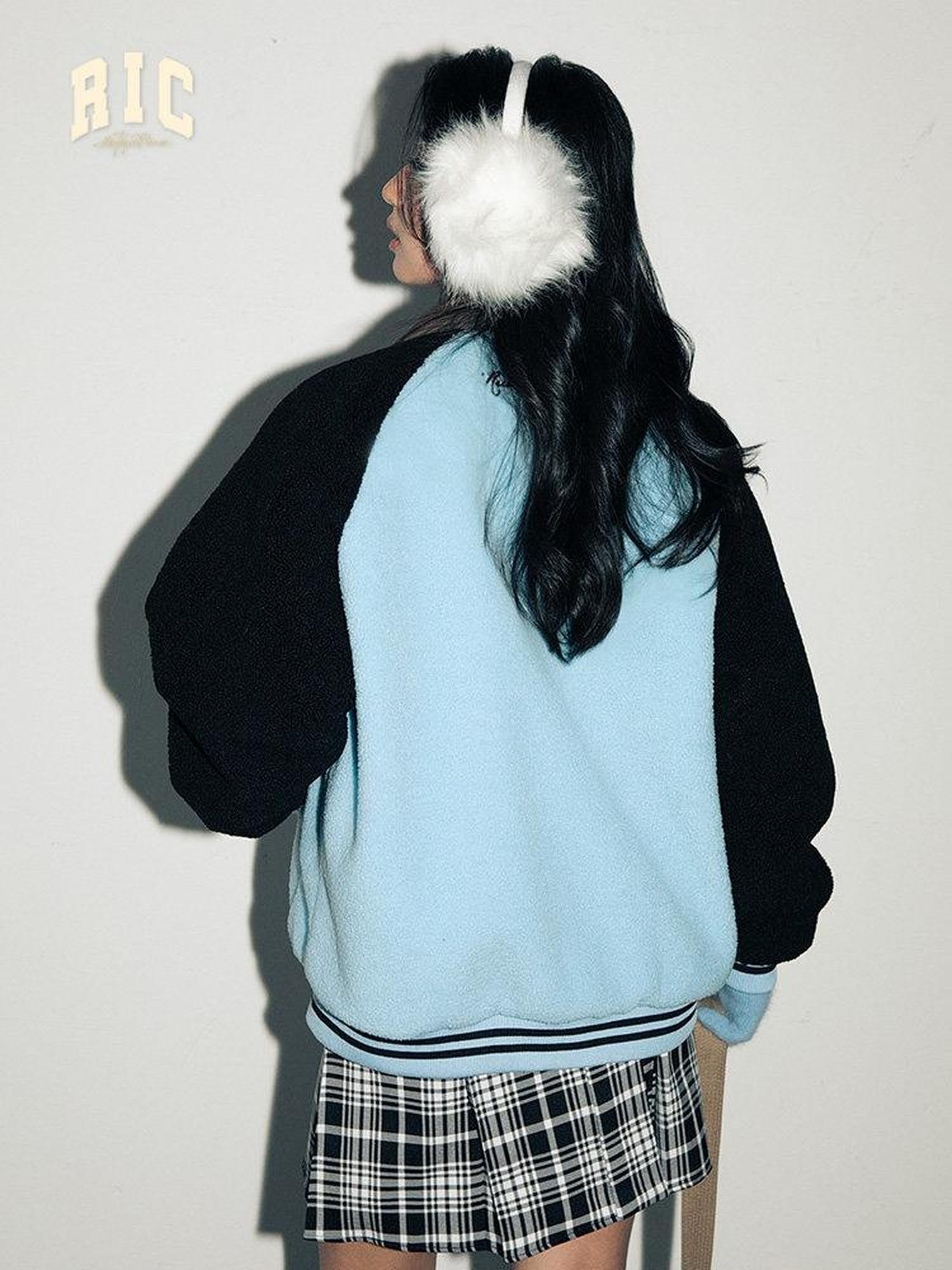 RickyisClown Blue Colorblock Shearling Lapel Relaxed Fit Men's Polyester Baseball Jerseys