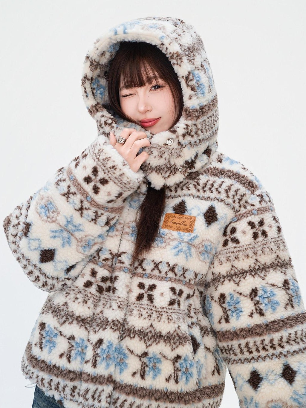 RickyisClown Blue Gray Plush Hood Retro Geometric Button Men's 90 White Duck Down Jackets