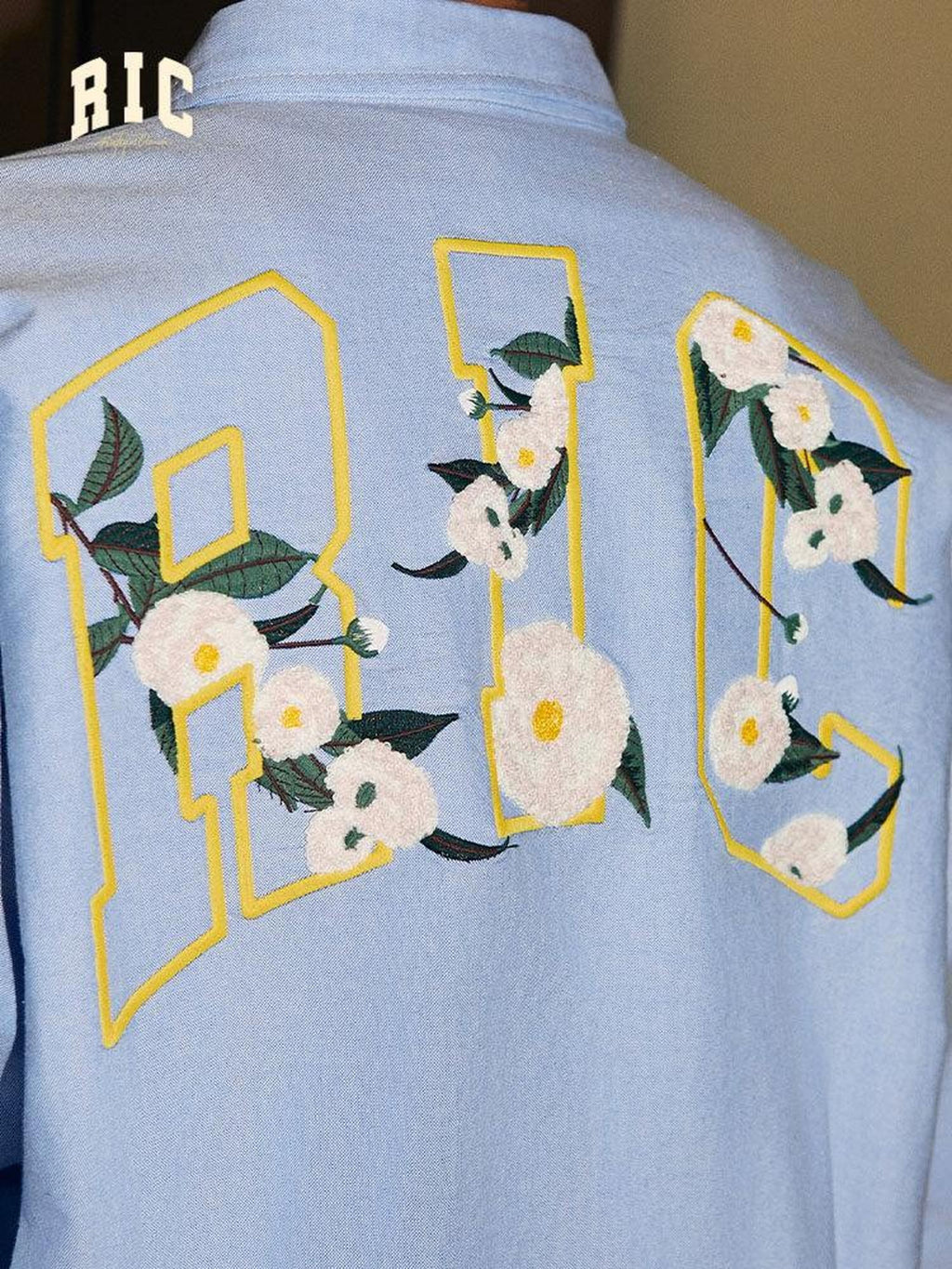 RickyisClown Camellia Embroidered Long Sleeve Loose Fit Men's Cotton Blend Casual Shirts