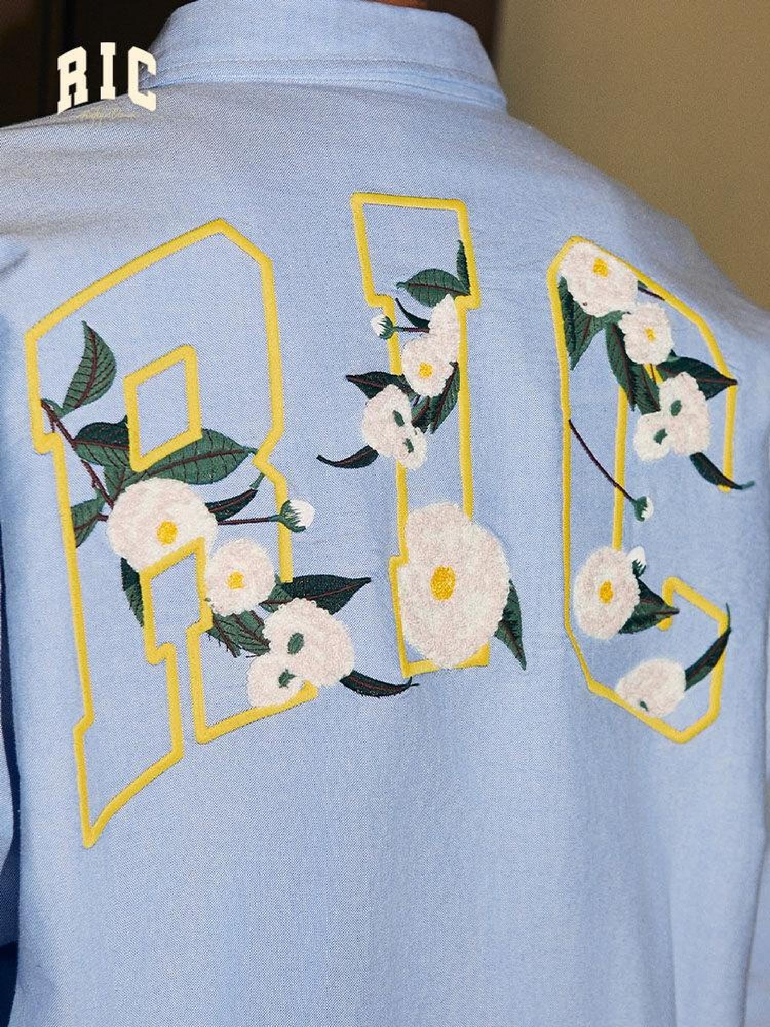 RickyisClown Camellia Embroidered Long Sleeve Loose Fit Men's Cotton Blend Casual Shirts