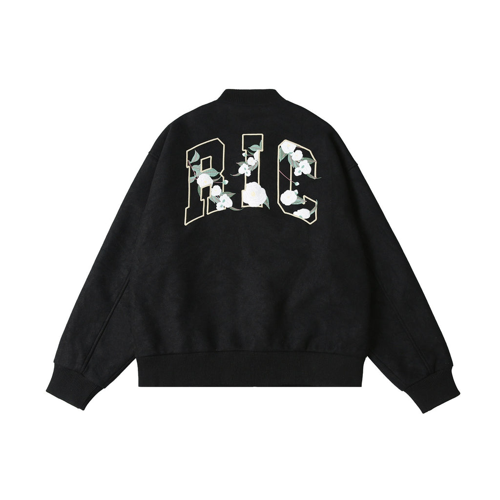 RickyisClown_Camellia_Embroidered_Ribbed_Hem_Loose_Men's_Woolen_Baseball_Jerseys_MISSTT