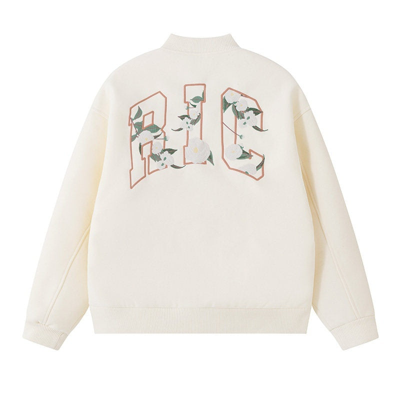 RickyisClown_Camellia_Embroidered_Ribbed_Hem_Loose_Men's_Woolen_Baseball_Jerseys_MISSTT