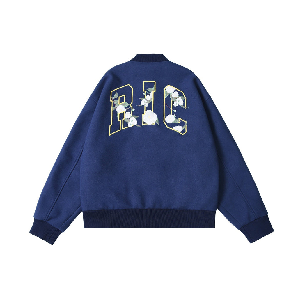 RickyisClown_Camellia_Embroidered_Ribbed_Hem_Loose_Men's_Woolen_Baseball_Jerseys_MISSTT