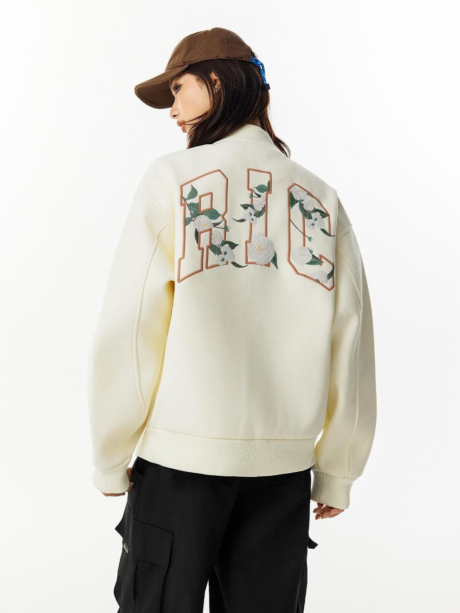 RickyisClown Camellia Embroidered Ribbed Hem Loose Men's Woolen Baseball Jerseys