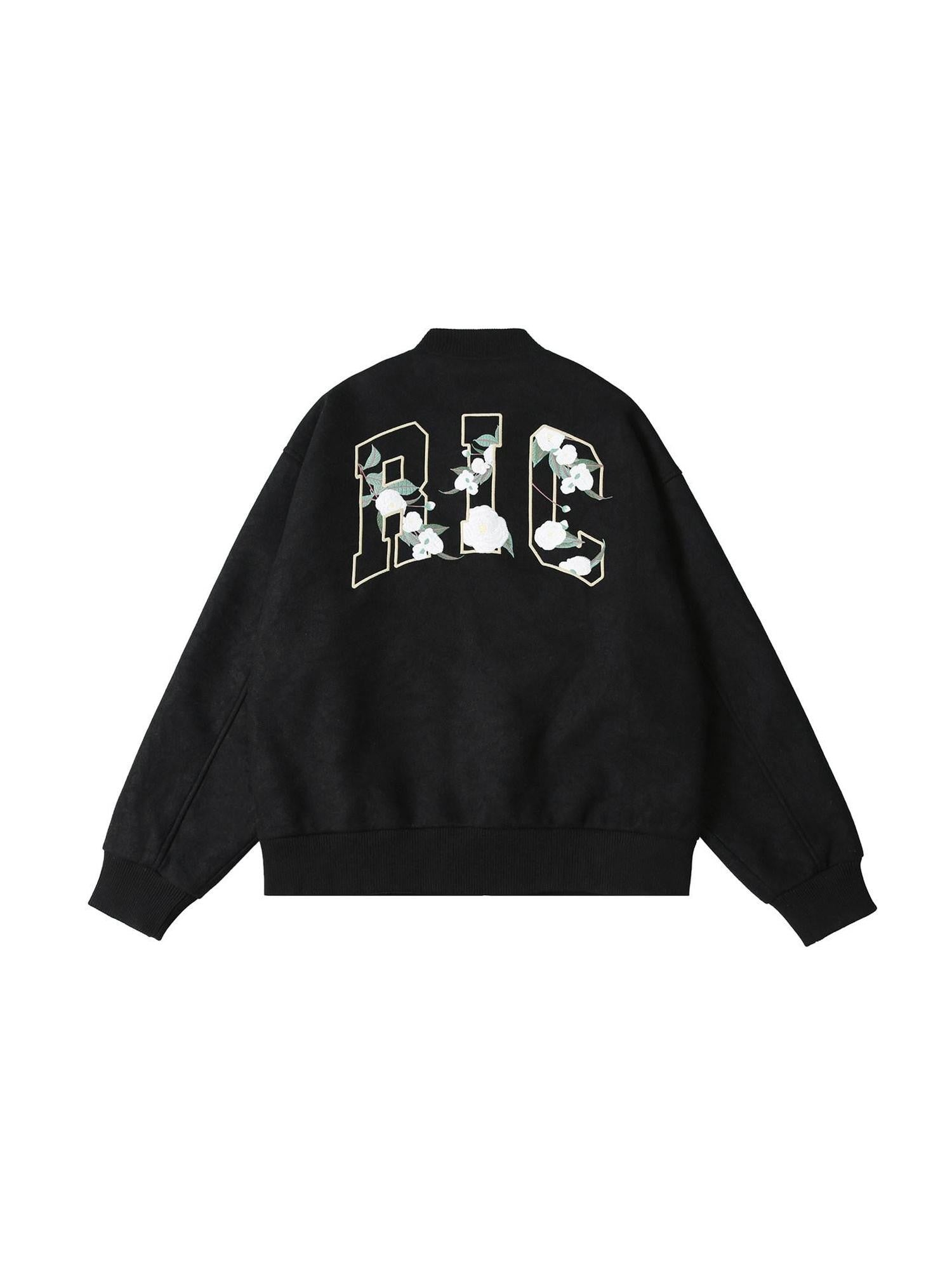 RickyisClown Camellia Embroidered Ribbed Hem Loose Men's Woolen Baseball Jerseys
