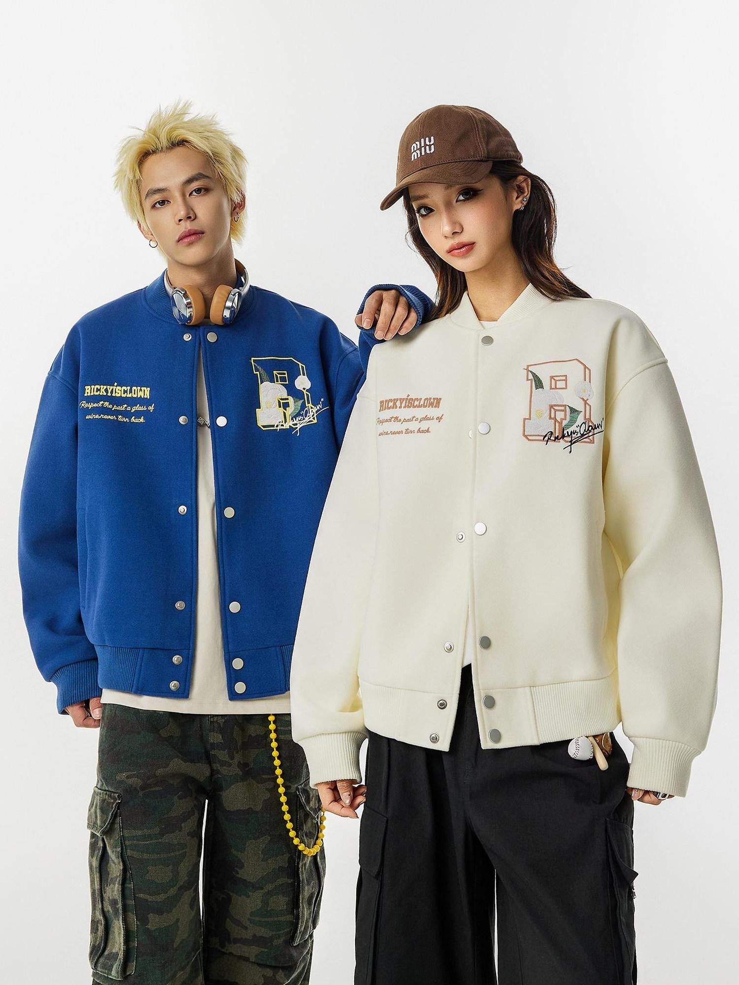 RickyisClown Camellia Embroidered Ribbed Hem Loose Men's Woolen Baseball Jerseys