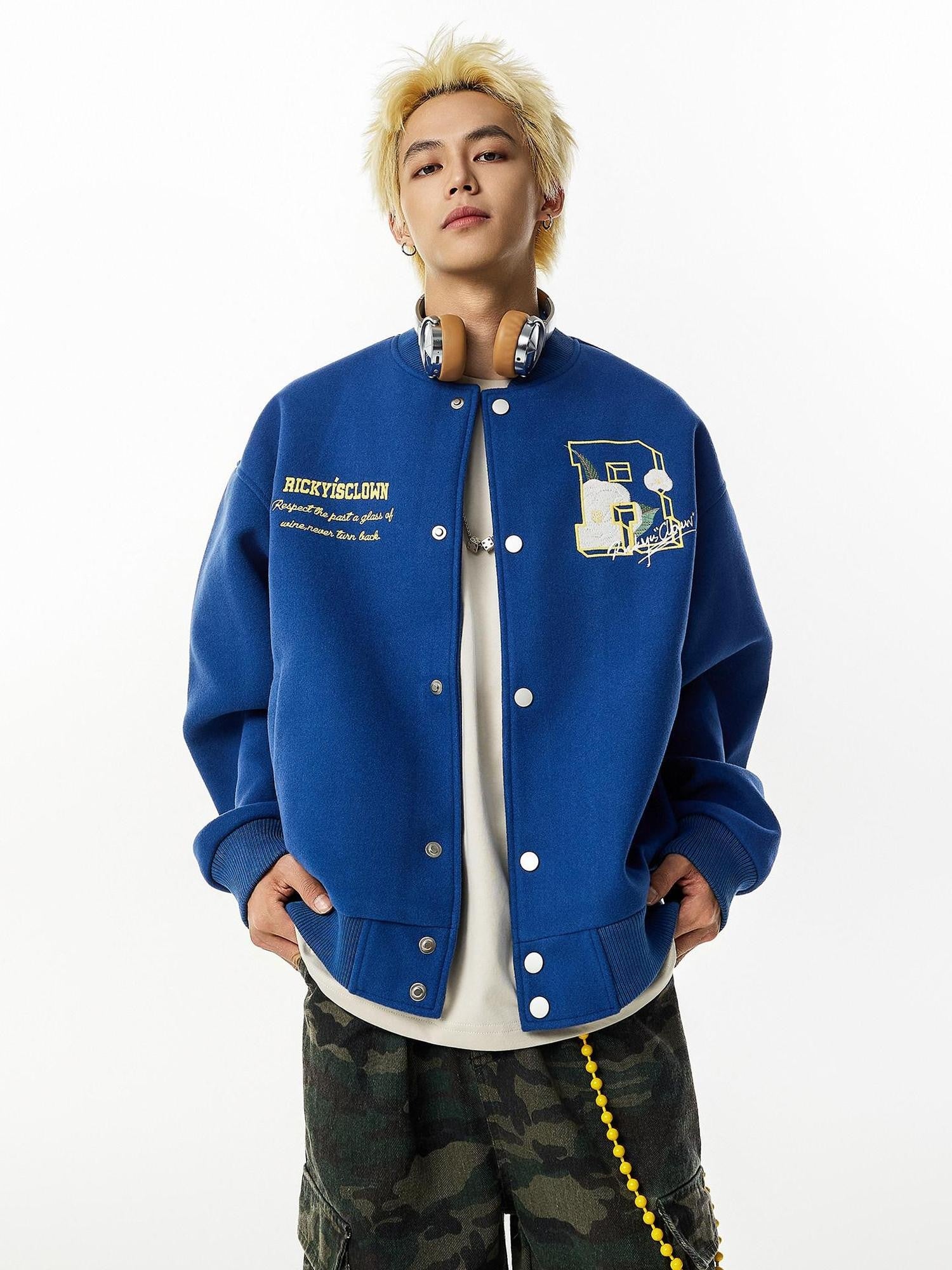 RickyisClown Camellia Embroidered Ribbed Hem Loose Men's Woolen Baseball Jerseys