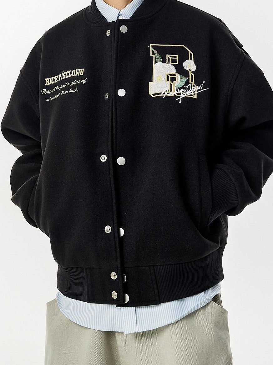 RickyisClown Camellia Floral Embroidered Detailed Men's Wool Blend Polyester Baseball Jerseys